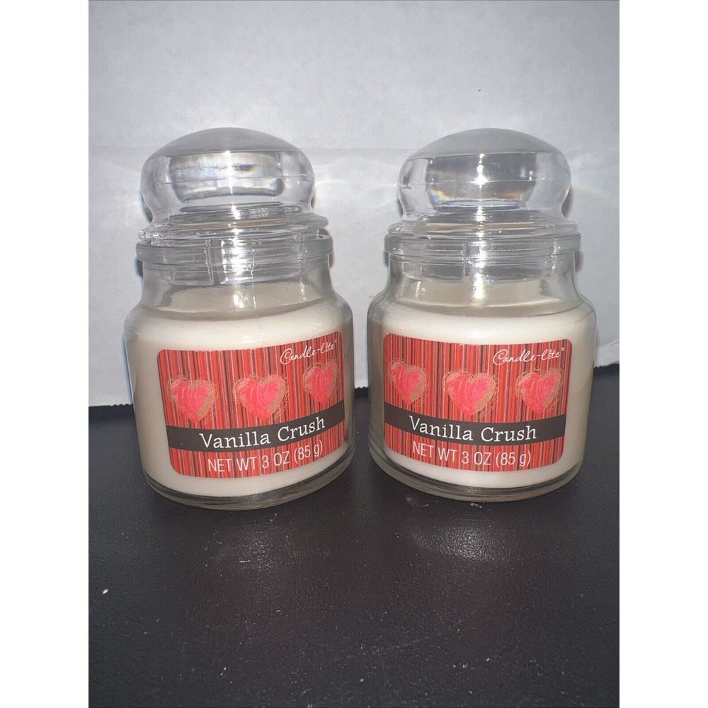 (2) Candle-Lite Mini Glass Jar‎ Candle Vanilla Crush 3oz Valentine Hearts